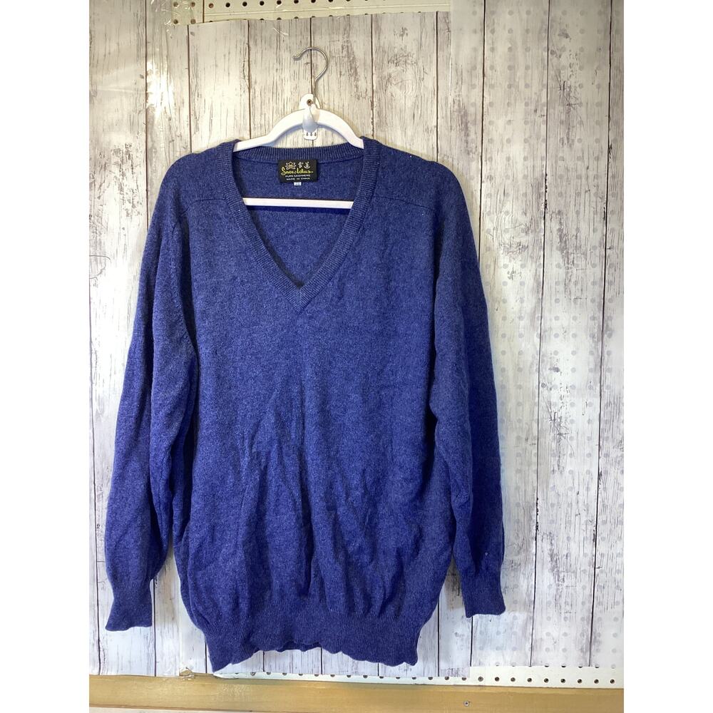 Blue Tweed V Neck Cashmere Men's Pollover Wool Sweater Size US-L